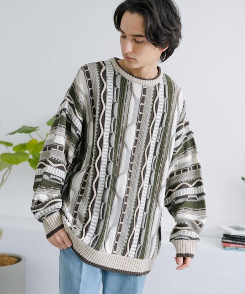 Rocky Monroe(ロッキーモンロー)の「オーバーサイズジャガード編みクルーネック3Dニットセーター(ニット/セーター・メンズ・ブラック/グレイッシュベージュ/グレー/サックスブルー/ベージュ・M/L)」の16枚目の写真
