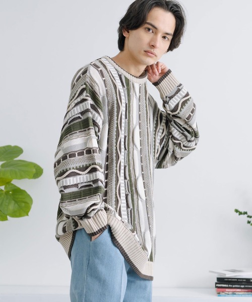 Rocky Monroe(ロッキーモンロー)の「オーバーサイズジャガード編みクルーネック3Dニットセーター(ニット/セーター・メンズ・ブラック/グレイッシュベージュ/グレー/サックスブルー/ベージュ・M/L)」の17枚目の写真