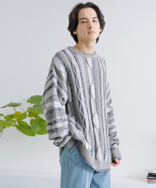 Rocky Monroe(ロッキーモンロー)の「オーバーサイズジャガード編みクルーネック3Dニットセーター(ニット/セーター・メンズ・ブラック/グレイッシュベージュ/グレー/サックスブルー/ベージュ・M/L)」の10枚目の写真