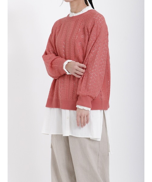 Samansa Mos2（サマンサ モスモス）の「柄編み前後2WAYリボンニット（カーディガン/ボレロ・レディース・チャコール/キナリ/ピンク/グリーン・ﾌﾘ-）」の13枚目の写真