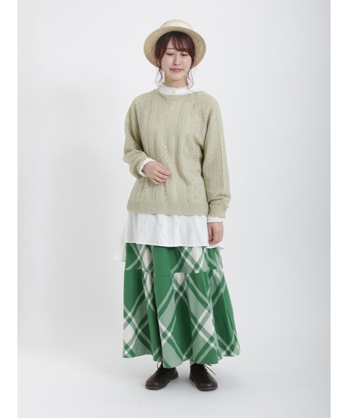 Samansa Mos2（サマンサ モスモス）の「柄編み前後2WAYリボンニット（カーディガン/ボレロ・レディース・チャコール/キナリ/ピンク/グリーン・ﾌﾘ-）」の7枚目の写真