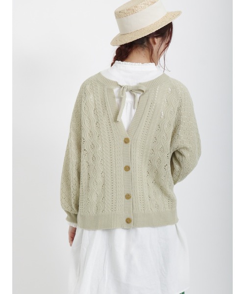 Samansa Mos2（サマンサ モスモス）の「柄編み前後2WAYリボンニット（カーディガン/ボレロ・レディース・チャコール/キナリ/ピンク/グリーン・ﾌﾘ-）」の9枚目の写真