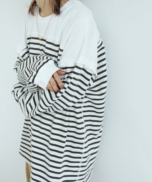 Crisp（クリスプ）の「2wayボーダーロングTシャツ（Tシャツ/カットソー・レディース・ピンク/グレー/ブラック・FREE）」の11枚目の写真