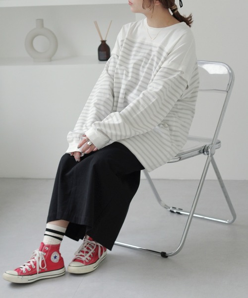 Crisp（クリスプ）の「2wayボーダーロングTシャツ（Tシャツ/カットソー・レディース・ピンク/グレー/ブラック・FREE）」の6枚目の写真
