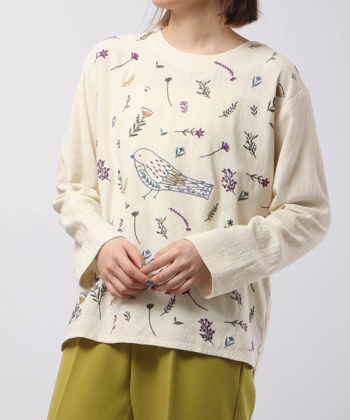 ブラウス シャツ EMAGO 鳥と植物刺繍ブラウス レディース EMAGO 鳥と植物刺繍ブラウス（シャツ/ブラウス）｜Emago（イマゴ