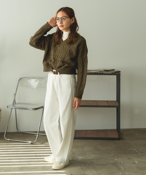 ROOPTOKYO（ループトウキョウ）の「Short Cable Knit / ショート丈 ケーブルリボンニット（ニット/セーター・レディース・ホワイト/ブラック/カーキ・FREE）」の9枚目の写真