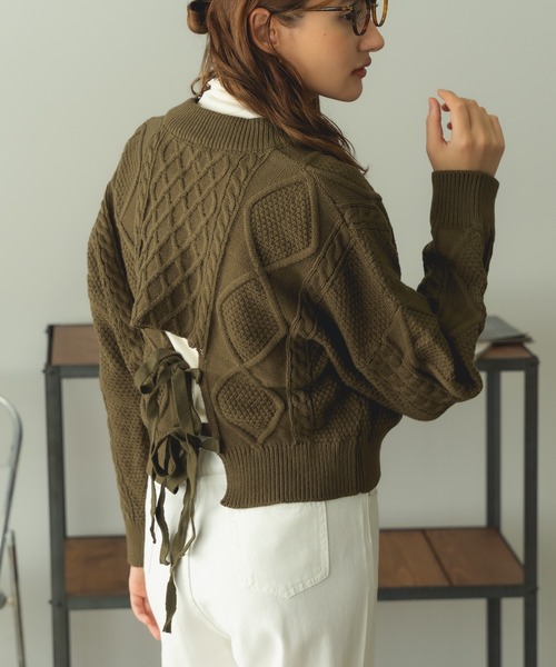 ROOPTOKYO（ループトウキョウ）の「Short Cable Knit / ショート丈 ケーブルリボンニット（ニット/セーター・レディース・ホワイト/ブラック/カーキ・FREE）」の7枚目の写真