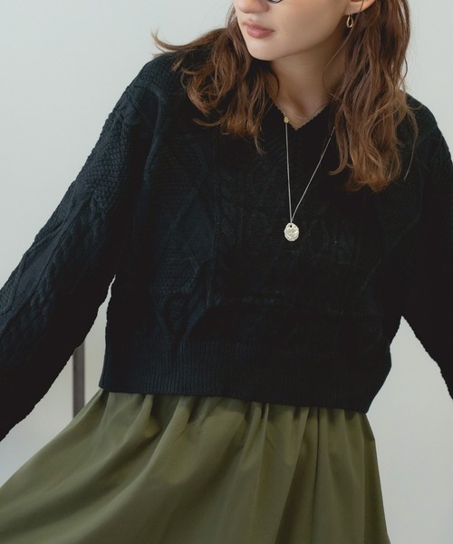 ROOPTOKYO（ループトウキョウ）の「Short Cable Knit / ショート丈 ケーブルリボンニット（ニット/セーター・レディース・ホワイト/ブラック/カーキ・FREE）」の5枚目の写真