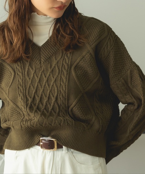 ROOPTOKYO（ループトウキョウ）の「Short Cable Knit / ショート丈 ケーブルリボンニット（ニット/セーター・レディース・ホワイト/ブラック/カーキ・FREE）」の4枚目の写真