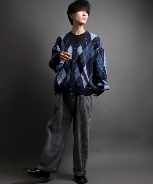 TRAVAS TOKYO チェック柄カーディガン グレー ジャカードニット TRAVAS TOKYO チェック柄カーディガン グレー ジャカードニット