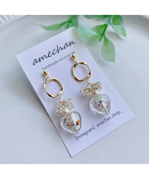tone(トーン)の「【amechan】Glass Heart(ピアス)(MA)(ピアス(両耳用)・レディース・ブラウン/ホワイト・FREE)」の1枚目の写真