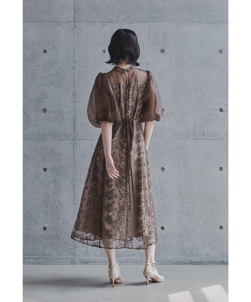 niana オーガンジーパフスリーブ刺繍レースドレス S モカ 低身長サイズ ニアナ niana 【低身長用サイズあり】オーガンジーパフスリーブ