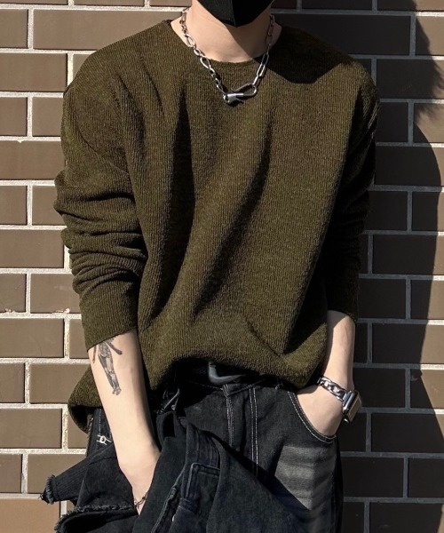 Chikashitsu +(チカシツプラス)の「【Chikashitsu +】unisex over knit / 【チカシツプラス】ユニセックスオーバーサイズ長袖ニット(ニット/セーター・メンズ・ブラック/チャコール/カーキ/杢グレー・ONE SIZE)」の4枚目の写真