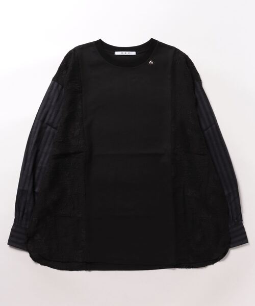 H.A.K（ハク）の「マーセライズ天竺＋カットジャカード＋カラミストライプカットソー（Tシャツ/カットソー・レディース・ブラック/ホワイト・FREE）」の2枚目の写真