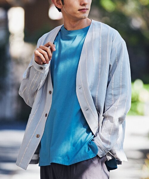 EDIFICE（エディフィス）の「レーヨン/リネン パターン ノーカラーシャツ（その他アウター・メンズ・アイボリー/サックスブルー/シャーベット/ブラック・MEDIUM/LARGE）」の4枚目の写真