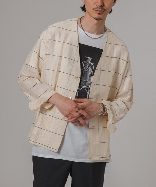 EDIFICE（エディフィス）の「レーヨン/リネン パターン ノーカラーシャツ（その他アウター・メンズ・アイボリー/サックスブルー/シャーベット/ブラック・MEDIUM/LARGE）」の2枚目の写真