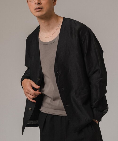 EDIFICE（エディフィス）の「レーヨン/リネン パターン ノーカラーシャツ（その他アウター・メンズ・アイボリー/サックスブルー/シャーベット/ブラック・MEDIUM/LARGE）」の3枚目の写真