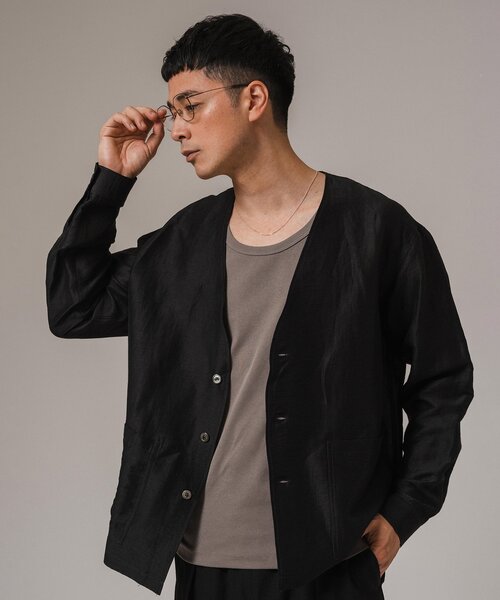 EDIFICE（エディフィス）の「レーヨン/リネン パターン ノーカラーシャツ（その他アウター・メンズ・アイボリー/サックスブルー/シャーベット/ブラック・MEDIUM/LARGE）」の14枚目の写真