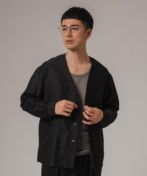 EDIFICE（エディフィス）の「レーヨン/リネン パターン ノーカラーシャツ（その他アウター・メンズ・アイボリー/サックスブルー/シャーベット/ブラック・MEDIUM/LARGE）」の5枚目の写真