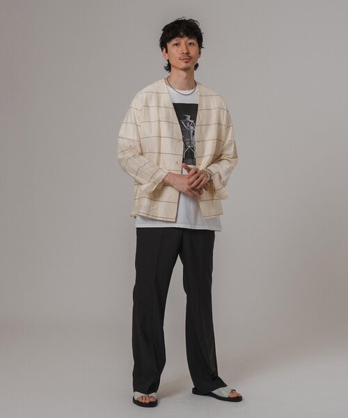 EDIFICE（エディフィス）の「レーヨン/リネン パターン ノーカラーシャツ（その他アウター・メンズ・アイボリー/サックスブルー/シャーベット/ブラック・MEDIUM/LARGE）」の6枚目の写真