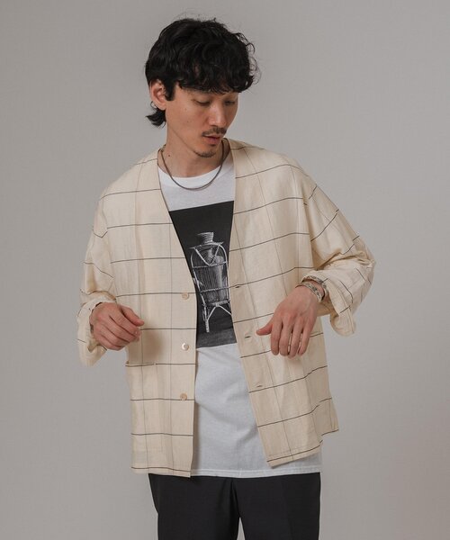 EDIFICE（エディフィス）の「レーヨン/リネン パターン ノーカラーシャツ（その他アウター・メンズ・アイボリー/サックスブルー/シャーベット/ブラック・MEDIUM/LARGE）」の22枚目の写真