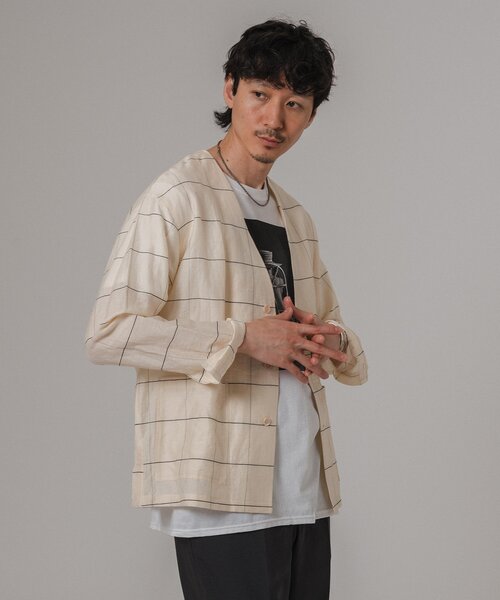 EDIFICE（エディフィス）の「レーヨン/リネン パターン ノーカラーシャツ（その他アウター・メンズ・アイボリー/サックスブルー/シャーベット/ブラック・MEDIUM/LARGE）」の13枚目の写真