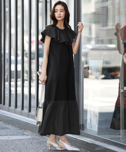 セール】フリルカラー異素材ドッキングロングワンピース