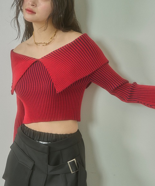 VIOLETTA（ヴィオレッタ）の「ベルスリーブ配色リブニット（ニット/セーター・レディース・ブラック/モカ/レッド・FREE）」の14枚目の写真