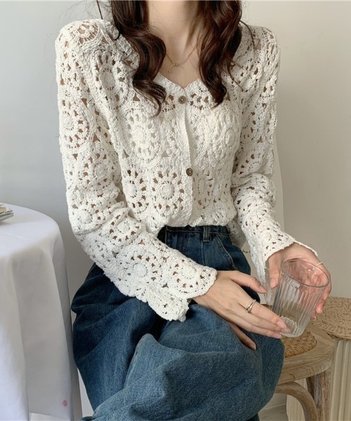 LADY LIKE(レディライク)の「サークルかぎ編みシアーカーディガン(カーディガン/ボレロ・レディース・ベージュ/ホワイト・M)」の12枚目の写真