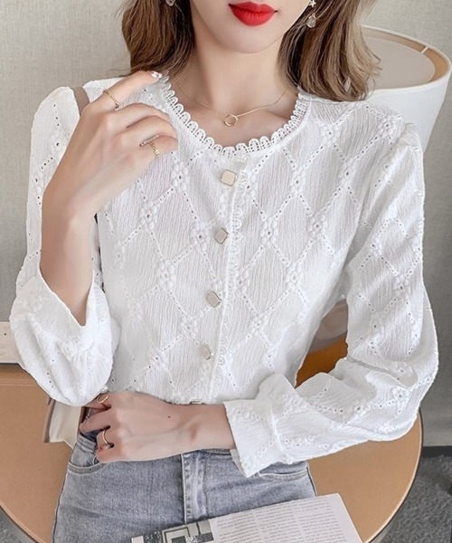 Miniministore（ミニミニストア）の「刺しゅうレースブラウス 長袖 レディース（シャツ/ブラウス・レディース・ホワイト/アイボリー・FREE）」の3枚目の写真
