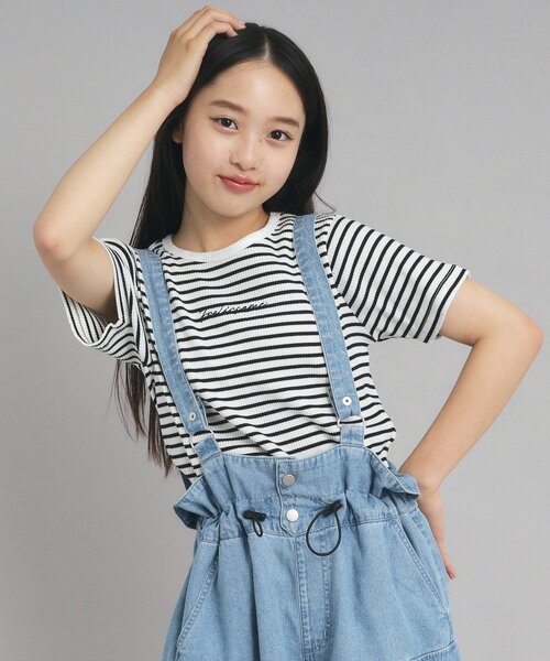 PINK-latte（ピンクラテ）の「◆【ニコプチ10月号掲載】コンパクトリブTシャツ（Tシャツ/カットソー・キッズ・オフホワイト/ブラック/ブラック系2/ブルー系7・15 /14/16）」の3枚目の写真