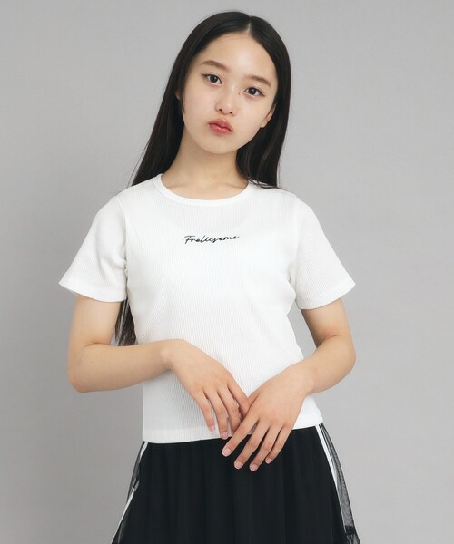 PINK-latte（ピンクラテ）の「◆【ニコプチ10月号掲載】コンパクトリブTシャツ（Tシャツ/カットソー・キッズ・オフホワイト/ブラック/ブラック系2/ブルー系7・15 /14/16）」の2枚目の写真