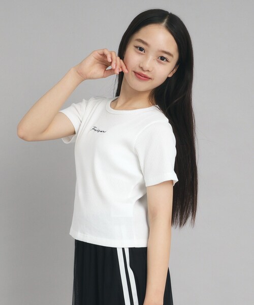 PINK-latte（ピンクラテ）の「◆【ニコプチ10月号掲載】コンパクトリブTシャツ（Tシャツ/カットソー・キッズ・オフホワイト/ブラック/ブラック系2/ブルー系7・15 /14/16）」の12枚目の写真