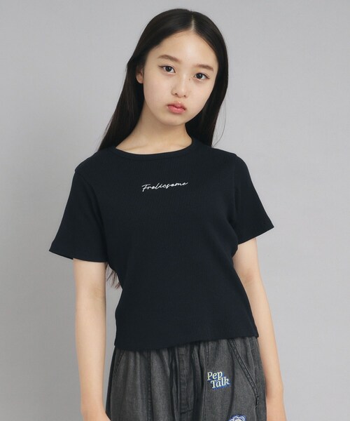 PINK-latte（ピンクラテ）の「◆【ニコプチ10月号掲載】コンパクトリブTシャツ（Tシャツ/カットソー・キッズ・オフホワイト/ブラック/ブラック系2/ブルー系7・15 /14/16）」の8枚目の写真