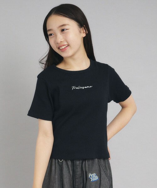 PINK-latte（ピンクラテ）の「◆【ニコプチ10月号掲載】コンパクトリブTシャツ（Tシャツ/カットソー・キッズ・オフホワイト/ブラック/ブラック系2/ブルー系7・15 /14/16）」の7枚目の写真