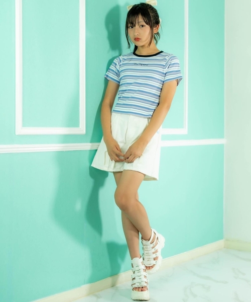 PINK-latte（ピンクラテ）の「◆【ニコプチ10月号掲載】コンパクトリブTシャツ（Tシャツ/カットソー・キッズ・オフホワイト/ブラック/ブラック系2/ブルー系7・15 /14/16）」の13枚目の写真