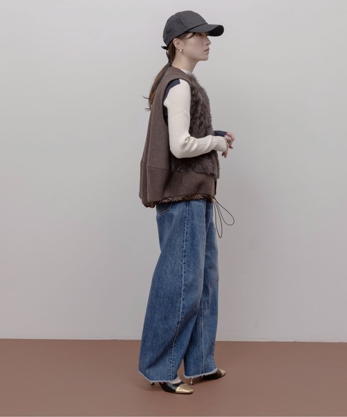 Eimee Law エイミーロウ ファー&メルトンドロストコクーンフォルムベスト セール】ファー&メルトンドロストコクーンフォルムベスト（ベスト