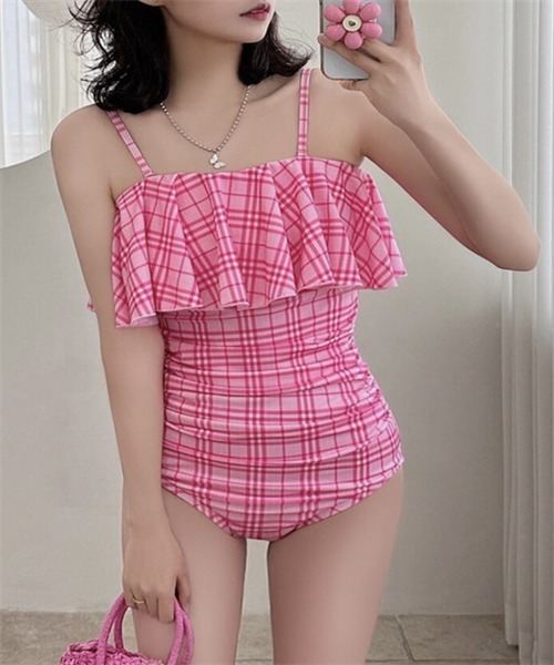 YOSHIKO TOMIOKA for emmi★ワンピース型水着 サイズ１濃茶 千鳥柄バックリボンワンピース水着 ビキニ ボディスーツ