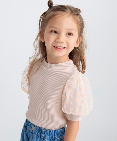 BRANSHES(ブランシェス)の「ハートフロッキー×ボリューム袖5分袖Tシャツ(Tシャツ/カットソー・キッズ・アイボリー/ピンクベージュ/ブラック・80/90/120/100/110/150/130/140)」の3枚目の写真