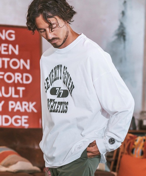 seventy seven(セブンティセブン)の「mlt4830- middle onz over size L-S t-shirts (athletics 24W) カットソー(Tシャツ/カットソー・メンズ・ホワイト×ブラック/ブラック/ブルー系その他/ホワイト×イエロー・S/M/L/XL)」の2枚目の写真