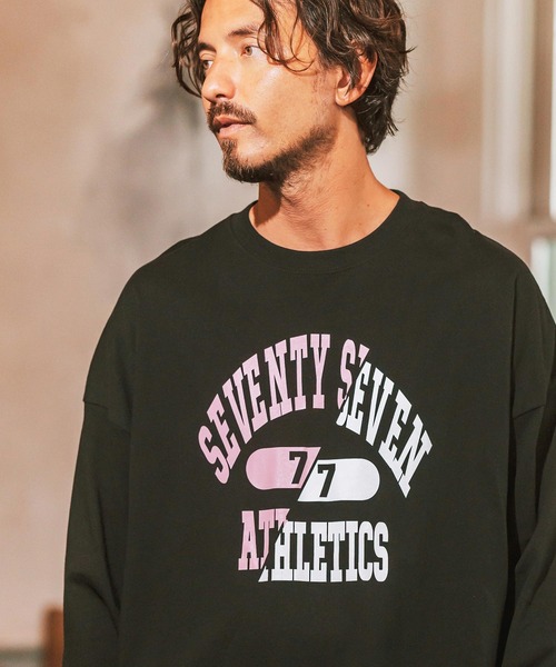 seventy seven(セブンティセブン)の「mlt4830- middle onz over size L-S t-shirts (athletics 24W) カットソー(Tシャツ/カットソー・メンズ・ホワイト×ブラック/ブラック/ブルー系その他/ホワイト×イエロー・S/M/L/XL)」の1枚目の写真