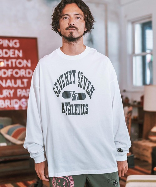 seventy seven(セブンティセブン)の「mlt4830- middle onz over size L-S t-shirts (athletics 24W) カットソー(Tシャツ/カットソー・メンズ・ホワイト×ブラック/ブラック/ブルー系その他/ホワイト×イエロー・S/M/L/XL)」の6枚目の写真