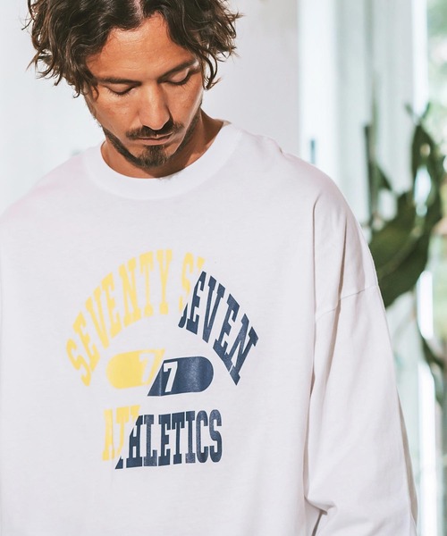 seventy seven(セブンティセブン)の「mlt4830- middle onz over size L-S t-shirts (athletics 24W) カットソー(Tシャツ/カットソー・メンズ・ホワイト×ブラック/ブラック/ブルー系その他/ホワイト×イエロー・S/M/L/XL)」の9枚目の写真