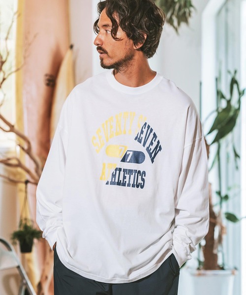 seventy seven(セブンティセブン)の「mlt4830- middle onz over size L-S t-shirts (athletics 24W) カットソー(Tシャツ/カットソー・メンズ・ホワイト×ブラック/ブラック/ブルー系その他/ホワイト×イエロー・S/M/L/XL)」の10枚目の写真