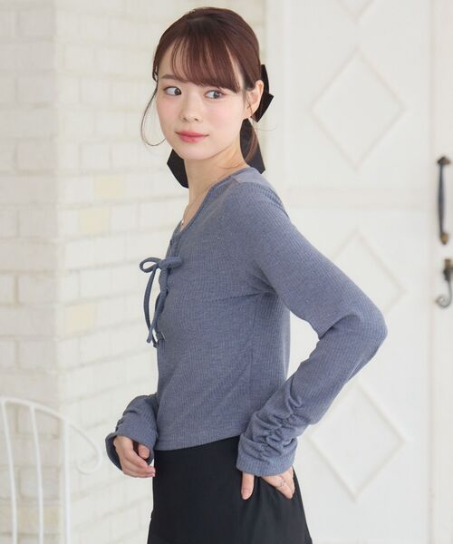 ems excite(エムズエキサイト)の「レースアップリブCT(Tシャツ/カットソー・レディース・ブラック/チャコールグレー/ブルー・FREE)」の11枚目の写真
