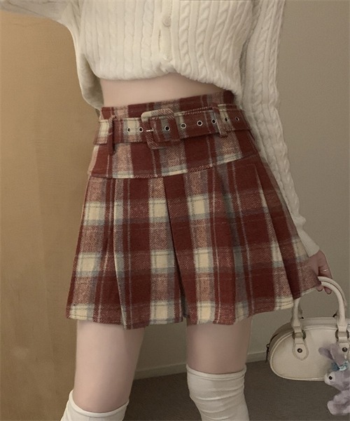FREE STYLISTS(フリー スタイリスト)の「ウエストベルト付き チェック柄プリーツ ミニスカート(スカート・レディース・レッド/ブラック/カーキ・M/L/S)」の21枚目の写真