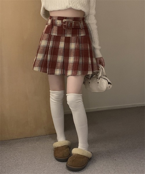 FREE STYLISTS(フリー スタイリスト)の「ウエストベルト付き チェック柄プリーツ ミニスカート(スカート・レディース・レッド/ブラック/カーキ・M/L/S)」の22枚目の写真