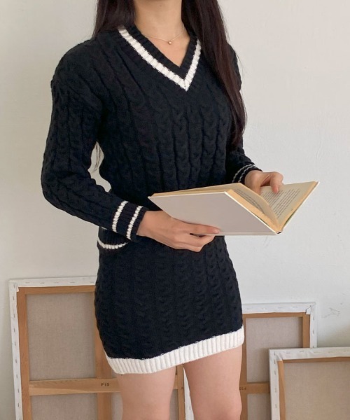 ERISABETTA FRANCHIミニワンピース Vネック 長袖 エンパイア エリザベッタ フランキ ミニドレス ニット V ネック 長袖 ロゴ