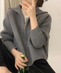 前ジップショールカラーザックリニットカーデ