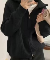 前ジップショールカラーザックリニットカーデ
